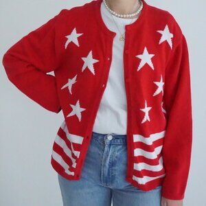 Vintage Crystal Kobe Red w White Stars Patriotic Flag Knit Button Up Cardigan Xl